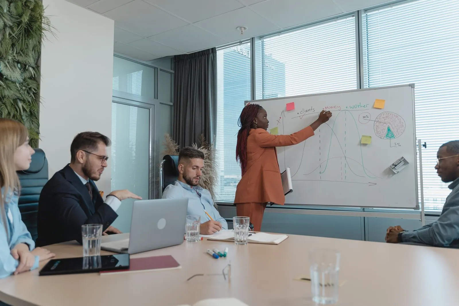 A facilitator walking colleagues through a process on a whiteboard during a meeting-room session