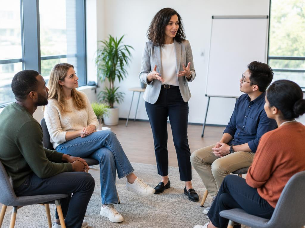 A coach leading a small group workshop with four seated participants