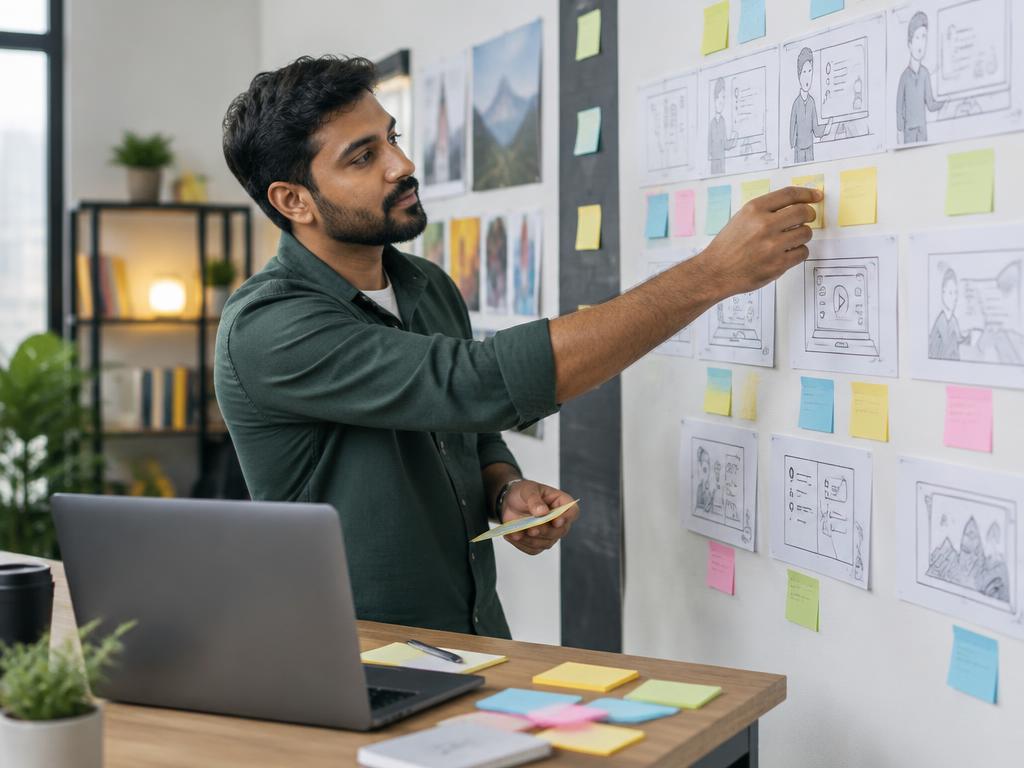 An instructional designer arranging course storyboard sketches on a wall
