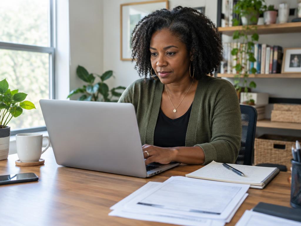 A solo business owner working on a laptop at her home office desk